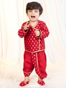 Vastramay - Boys Mustard Viscose Kurta Dhoti with Shoe and Swaddle (Set of 4)