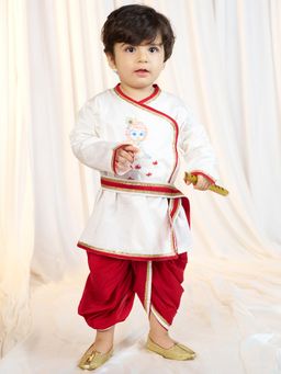 Vastramay - Boys White Fine Satin Kurta Dhoti with Flute and Belt (Set of 4)
