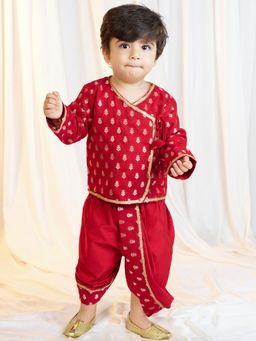 Vastramay - Boys Red Jacquard Angrakha Kurta Dhoti