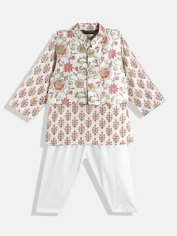 Readiprint - Boys Cream Printed Kurta with Nehru Jacket and Pyjama (Set of 3)