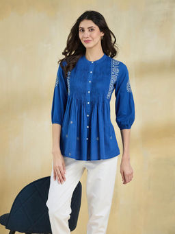 Fabindia - Blue Cotton Blend Chikankari Tunic