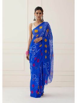 Sutra Attire - Blue Hand Bandhani Chiffon Saree with Unstitched Blouse