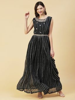 FASHOR - Stripes Printed & Floral Hand Embroidered Fit & Flare Maxi Dress - Black (Set of 2)