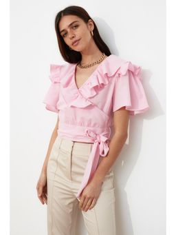 Trendyol - Pink Normal Fit Solid-plain V-neck Top
