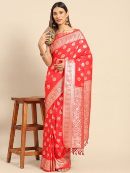 Akhilam - Womens Silk Blend Red Woven Design Woven Saree with Unstitched Blouse