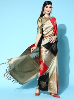 Sareemall - Silk Blend Beige Woven Design Celebrity Saree With Unstitched Blouse