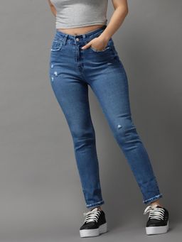 SHOWOFFFF - Womens High-rise Blue Mildly Distressed Jeans