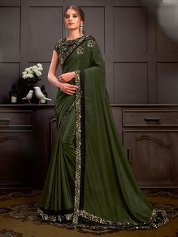 Odette - Olive Green Silk Georgette Designer Saree with Unstitched Blouse