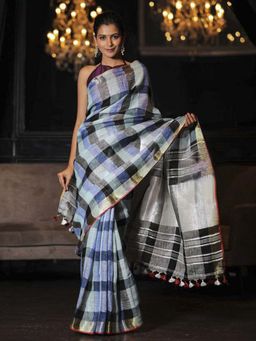 Beatitude - Multicolor Checks Handwoven Linen Saree with Unstitched Blouse