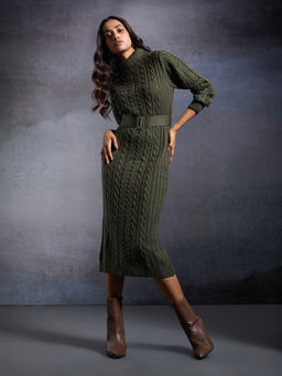 RSVP by Nykaa Fashion - Olive Green Turtle Neck Midi Sweater Dress with Belt (Set of 2)