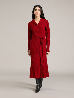 RSVP by Nykaa Fashion - Red Collared Full Sleeves Cable Knit Midi Dress With Belt