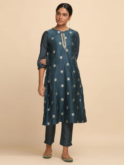 Folksong - All Over Buti Teal Blue and Gold Cotton Silk Jacquard Kurta