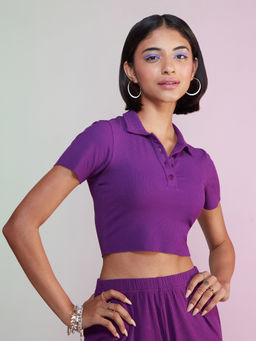 MIXT by Nykaa Fashion - Purple Solid Crop Polo T-shirt