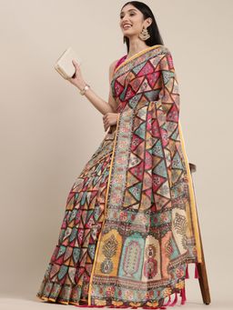 Vastranand - Brown Block Kalamkari Print Sequence Weaving Party Wear Saree with Unstitched Blouse