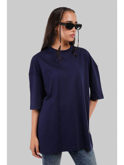 UNDERRATED CLUB - Solid Navy Blue Half Sleeves T-Shirt for Women Oversized Fit