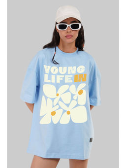 UNDERRATED CLUB - Floral Young Life Graphic Printed Sky Blue Oversized Fit T-Shirt Women