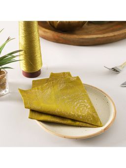RATAN JAIPUR - Floral Jaal Gold & Green Cotton Cocktail Napkin (Set of 6) (6 Seater)