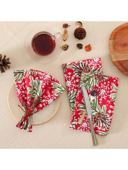 RATAN JAIPUR - Red & Green Cotton Floral Eve Napkin (Set of 6) (6 Seater)