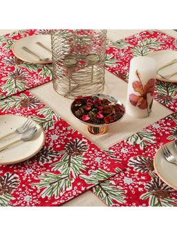RATAN JAIPUR - Red & Green Cotton Gala Of Flower Table Mat (Set of 6) (6 Seater)