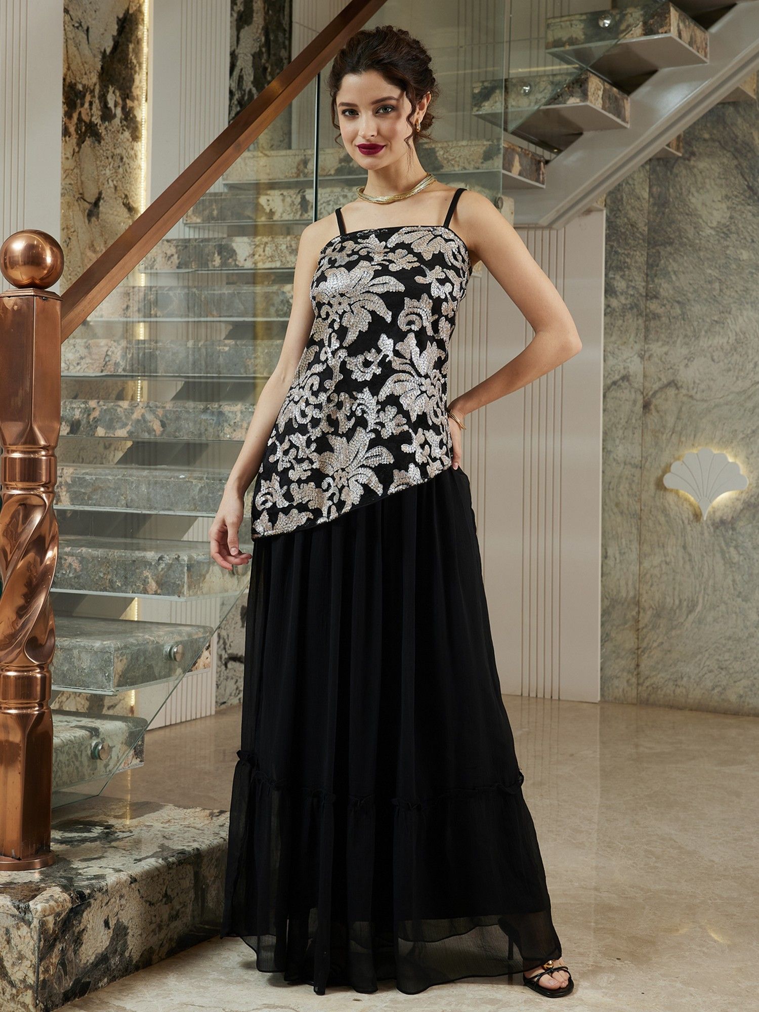 aarein Women Black Polyester Embellished Top with Skirt-picture-31