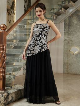 AAREIN - Women Black Polyester Embellished Top with Skirt