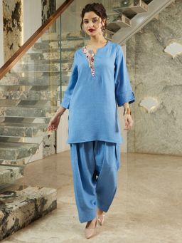 AAREIN - Women Blue Linen Embellished Co-Ord Set