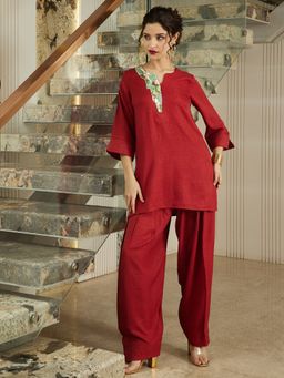 AAREIN - Women Maroon Linen Embellished Co-Ord Set