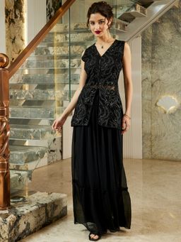 AAREIN - Women Black Polyester Embroidered Top with Skirt