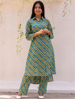 COTTONS DAILY - Multi-Color Leheriya High Low Cotton Kurta with Pant (Set of 2)