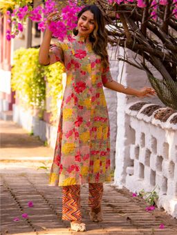 COTTONS DAILY - Multi-coloured Pretty Lady Cotton Kurta with Pant (Set of 2)