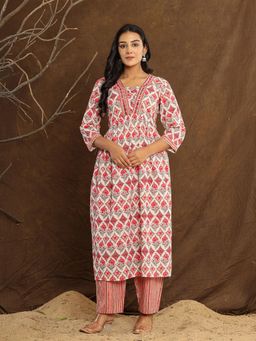 COTTONS DAILY - White And Red Mirror Work Printed Cotton Anarkali Kurta with Pant (Set of 2)