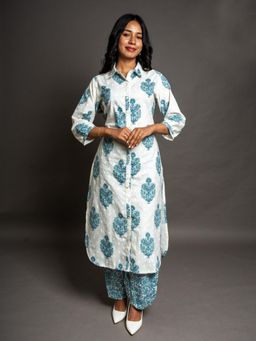 COTTONS DAILY - Blue White Floral Afghani Kurta with Salwar Pant (Set of 2)