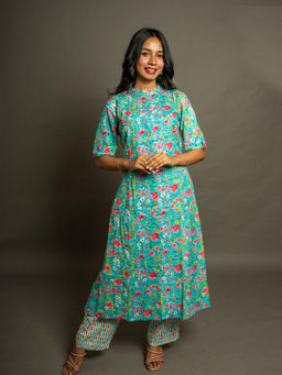 COTTONS DAILY - Turquoise Floral A-Line Cotton Kurta with Palazzo (Set of 2)
