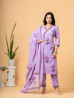 COTTONS DAILY - Lavender Floral Print Angrakha Kurta with Pant and Dupatta (Set of 3)