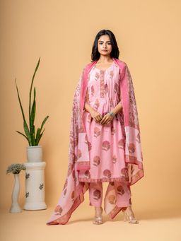 COTTONS DAILY - Aboli Pink Floral Printed Cotton Anarkali Kurta with Pant (Set of 3)