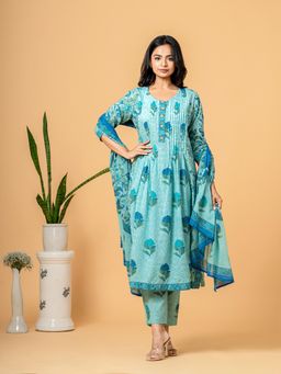 COTTONS DAILY - Lakshdweep Aqua Blue Floral Cotton Anarkali Kurta with Pant (Set of 3)
