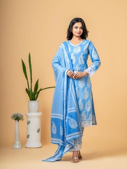 COTTONS DAILY - Columbia Blue Paisley Block Print Cotton Kurta with Pant and Dupatta (Set of 3)