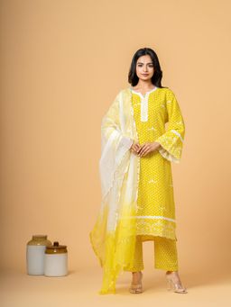COTTONS DAILY - Yellow Polka Dot Lace Work Cotton Kurta with Pant and Dupatta (Set of 3)