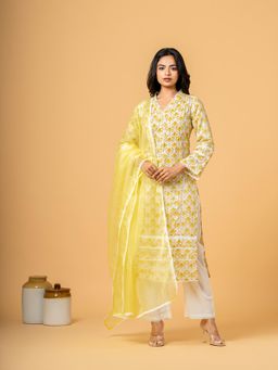 COTTONS DAILY - Yellow Jaal Beads And Sequence Work Kurta with Pant and Dupatta (Set of 3)