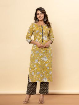 COTTONS DAILY - Gold Yellow Mirror Zari Work Black Kurta with Pant (Set of 2)