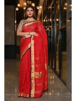 Beatitude - Red Shade Handwoven Linen Saree with Unstitched Blouse