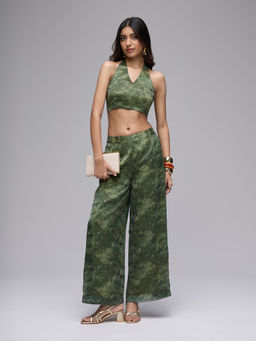 Gajra Gang - Green Satin Abstract Print Halter Neck Crop Top With Pant Boho Naari (Set of 2)