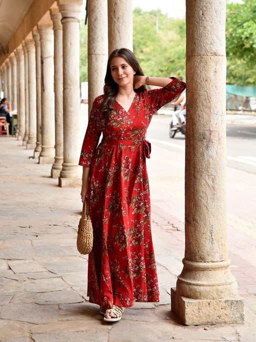 red floral cotton dress Red Floral Cotton Sleeveless Maxi Dress - All Dresses