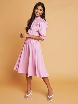 Styli - Pink Smocked Detail High Neck A-line Midi Dress With Short Sleeves