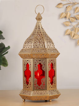 HomeTown - Dazzle Metal and Glass Lantern in Red
