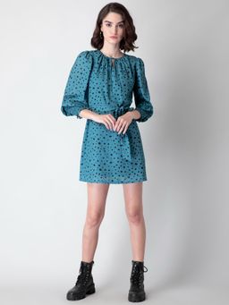 FabAlley - Blue Abstract Print Belted Shift Dress