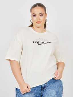 Styli Elevate - Women Cream Plus Oversized West Village Slogan Print T-Shirt