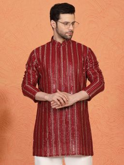 Aham-Vayam - Mihir Embroidered Red Kurta with Pant