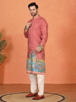 Aham-Vayam - Printed Embroidered Coral Kurta with Pant