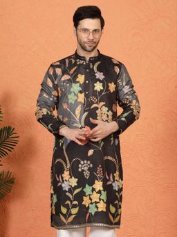 Aham-Vayam - Phool Utsav Printed Embroidered Black Kurta with Pant